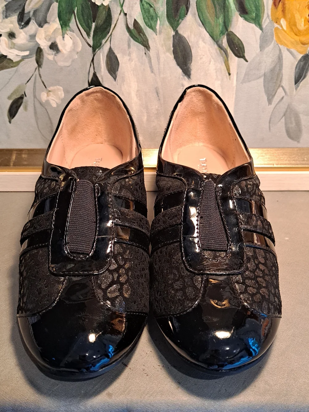 Taryn Rose Traveler Paislee Black Patent Textured Animal Print Slip-On Wedges